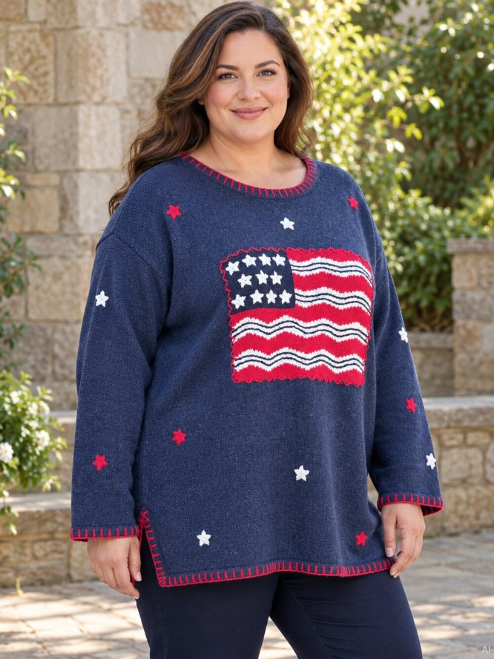 Quacker Factory 3X Vintage Patriotic American Flag Sweater Blue Long Sleeve Knit